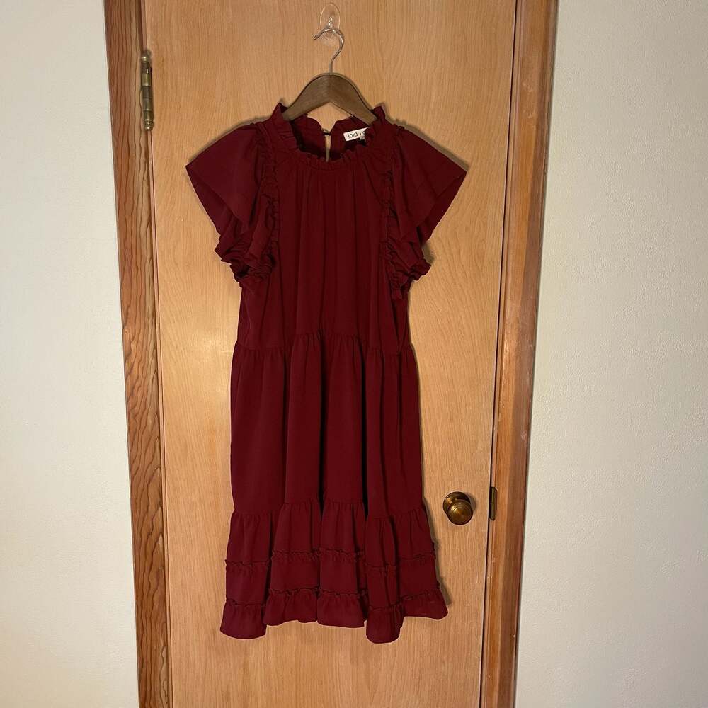 Lola & Grace Maroon Tiered Ruffle Flutter Sleeve Mini Dress Size Small